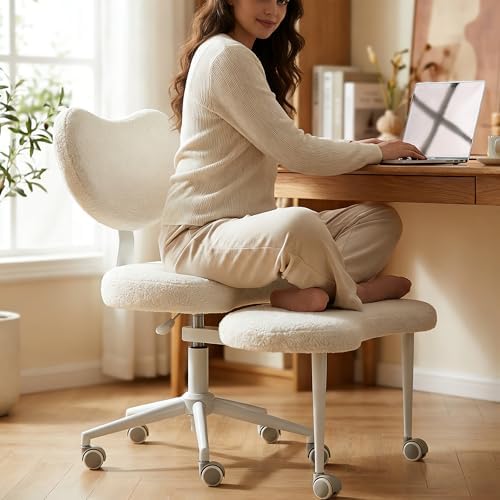 Ergonomic Cross Legged Chair, Meditation Chair Plus with Wheels for ADHD/Fidgety Sitters, Height Adjustable & Lumbar Support, Teddy Fabric, Ivory Home Office Furniture