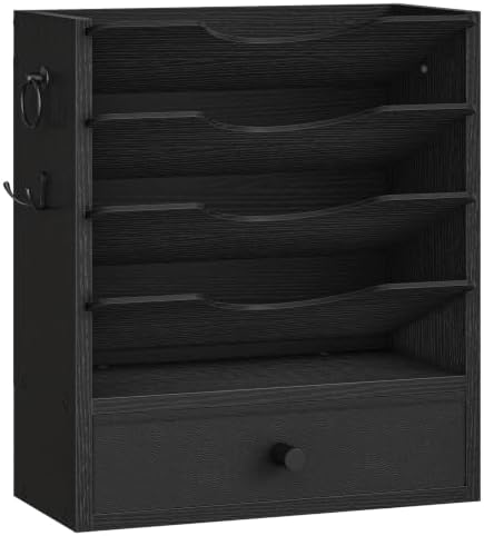 HOOBRO Wall File Organizer, Mail Organizer Wall Mounted, Wooden Literature Organizer, Construction Paper Organizer with Drawer Storage and 2 Hooks, for Office, Classroom, Home, Black BK14WF01