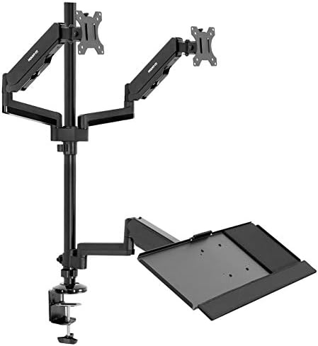 Mount-It! Dual Monitor Arm Desk Mount Sit-Stand Workstation with Keyboard Tray, Height Adjustable Gas Spring, Fits Two 17–32” Screens, 17.6 lbs Each, VESA 75x75 100x100, Clamp or Grommet (Black)