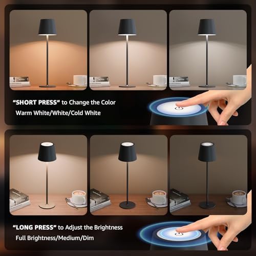 uuffoo 2 Pack Cordless Table Lamp Rechargeable 5000mAH Battery Operated Lights Touch Control LED Portable Desk Lamps 3 Color Dimming for Outdoor Coffee Bedroom Kitchen (Black)