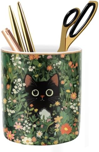 Black Cat Pen Holder for Desk Accessories, Durable Ceramic Pencil Organizer Decor for Room, Office, Classroom, Cat Lover Gifts
