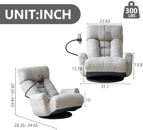 360° Swivel Gaming Floor Chair, 5 Position Adjustable Folding Sofa Chair with Armrests & Phone Holder, Cushion Padded Indoor Chaise Lounge for Adults, Home Office Floor Leisure Chairs, Grey