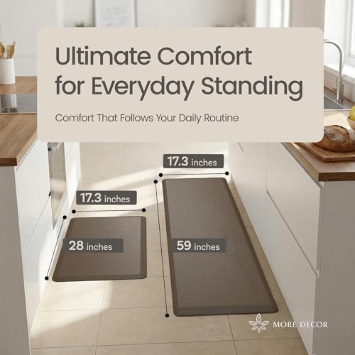 Anti Fatigue Kitchen Mats for Floor | Padded Kitchen Rugs | Non Slip, Cushioned Standing Desk Mat | Waterproof Floor Mat | 17.3" x 28" x 0.47" & 17.3" x 59" x 0.47", Brown, 2-Pack | More Décor