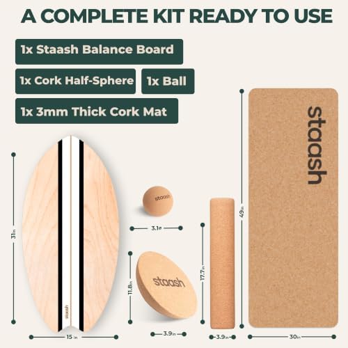 STAASH® Balance Board Full Kit – Premium Birch Wood Trainer with Cork Roller, Balance Disc, Massage Ball & Anti-Slip Mat – Core Strength, Surf, Snowboard & Rehab Training – All-In-One Set