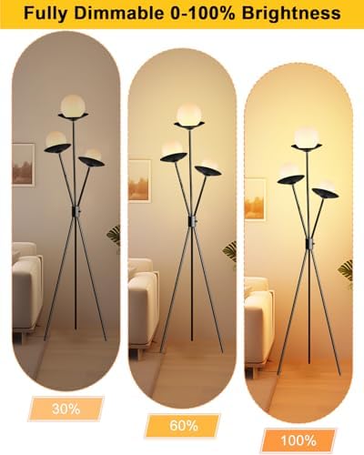 3 Globe Dimmable Tripod Floor Lamp, Mid Century Standing Lamps with 3Pcs 3000K Bulbs Included, Modern Black Tall Lamp for Living Room Bedroom Home Office Sofa Beside Corner Decor