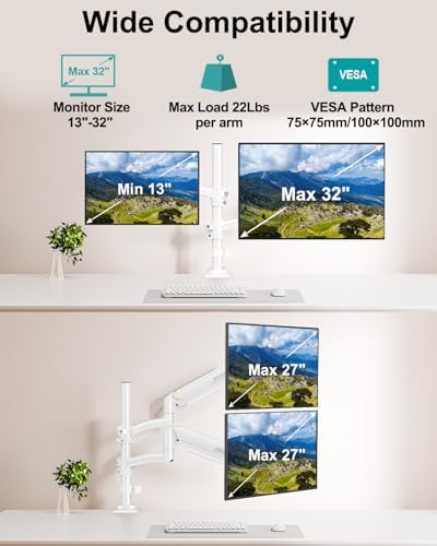 Dual Monitor Stand for 2 Screens up to 32 inch, Vertical Stacked Dual Monitor Mount, Full Motion Adjustable Tall Double Monitor Desk Mount, Each Arm Holds 4.4-22lbs, VESA 75/100mm, White, Freelift