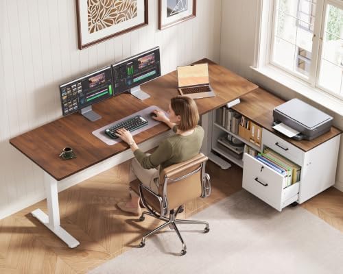 OffiGo 63" L Shaped Electric Standing Desk with Cabinet Sets, Walnut/White