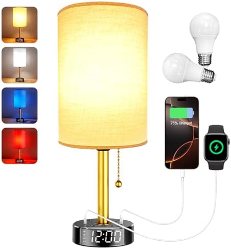 Bedside Desk Lamp for Bedroom, Table Lamp with USB A & USB C Fast Charging Ports & 2 AC Power Outlets, Alarm Clock Base, Round Black Fabric Lampshade Modern Nightstand Lamp for Living Room Home Office