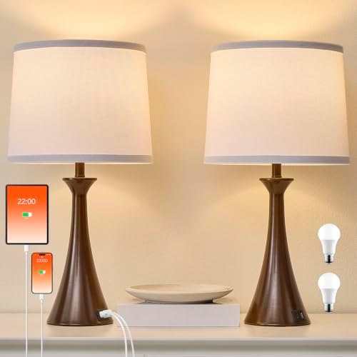 Touch Table Lamps Set of 2, 21" Bedside Lamps with USB C+A, Brown