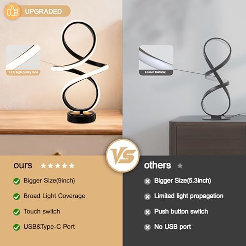 Modern Small Table Lamp with LED Spiral Design, 12W Black Nightstand Lamp