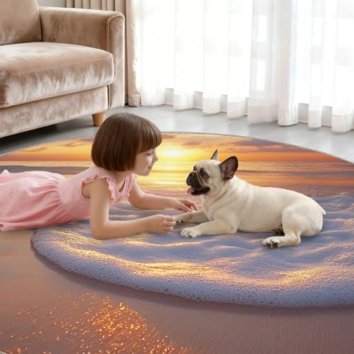 Coastal Round Rug - 8ft Washable Ocean Theme Round Area Rug for Living Room, Marine Landscape Circle Rugs Soft Non-Slip Carpet for Bedroom Dining Table Coffee Table Decor Mat