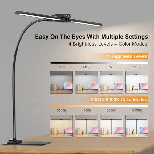 24W Led Desk Lamps with Base for Office Home, 31.5-in Double Head, Black