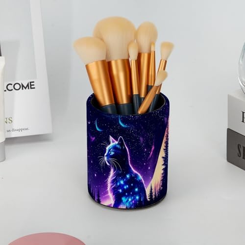 Fantasy Purple Starry Sky Cat Pen Holder Pencil Organizer Cute Pencil Cup Desk Decor Makeup Brush Holder PU Multifunctional Office Supplies for Home Classroom School