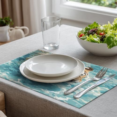 Batmerry Cute Tiger in Water Blue Placemats, Swimming Washable Linen Table Mats for Kitchen Table Double Insulation Decor Dining Set Indoor Outdoor 12X18 in Set of 8