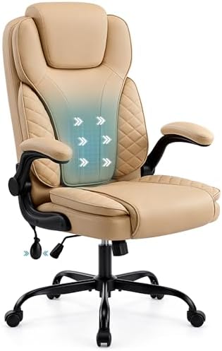 Ergonomic Office Chair, PU Leather High Back Executive Chair with Adjustable Inflatable Lumbar Support and Padded Flip-Up Arms, Recline Swivel Task Computer Chair for Home Office, Khaki