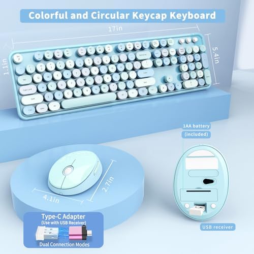 Wireless Keyboard and Mouse Combo, Ergonomic Full Size Typewriter Retro Round Keycaps Keyboard, Compatible with Windows, PC, Perfer for Home and Office Keyboards (Blue