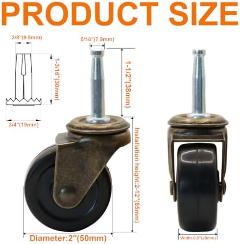 2 Inch Antique Brass Caster Wheels, Rubber Casters 5/16 Inch x 1-1/2 Inch (8 x 38mm) Stem SocketsCaster for Sofa, Chair, Cabinet, Dresser Vintage Furniture Set of 4