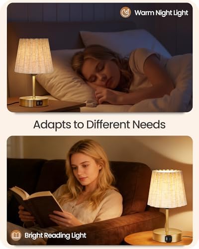 Small Bedside Table Lamp, Touch Dimmable Table Lamp with USB Ports, Nightstand Lamp with a Stepless Dimming LED Bulb, E26 Base, for Bedroom, Study, Desk, Gold and Beige DE16TL05