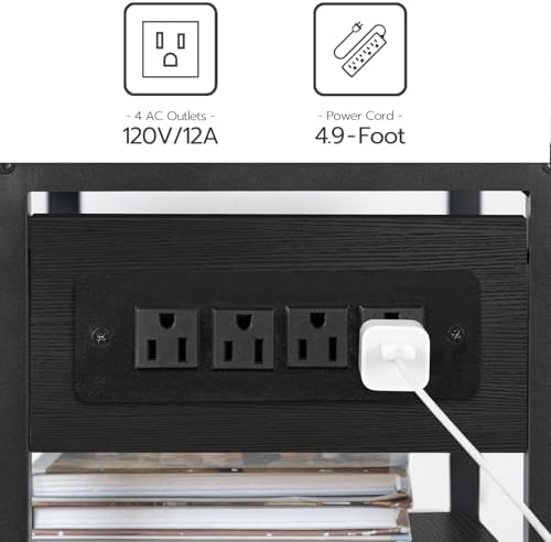 HOOBRO Industrial Printer Stand with Charging Station, 3-Tier Printer Table, Rolling Printer Cart with Adjustable Shelf and Hook, Black BB28UPS01