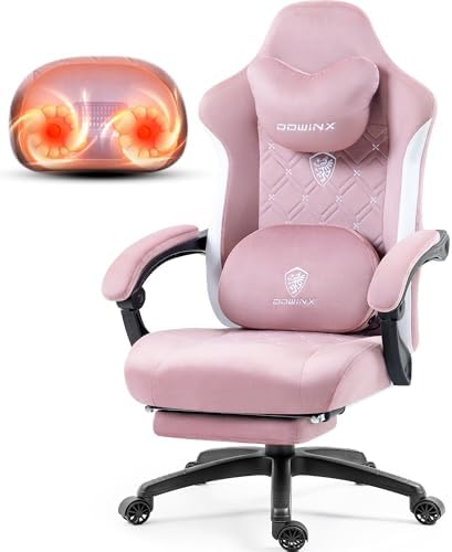 Dowinx Fabric Gaming Chair with Heated Massage Lumbar Support, Computer Game Chairs for Adults, Big Tall Gamer Chair with Pocket Spring Cushion and Footrest, Recliner Gaming Chairs for Adult,Pink