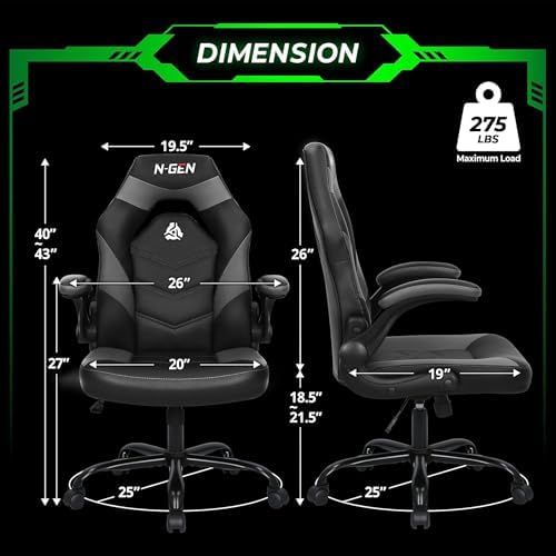 N-GEN GAMING Video Gaming Chair Ergonomic Office Desk Chair with Lumbar Support Adjustable Height Padded Flip Up Arms and Swivel Wheels Racing Style Design for Adults with PU Leather (Grey)