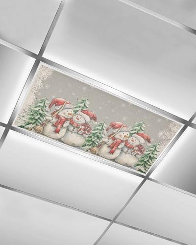 Grey Christmas Magnetic Fluorescent Light Covers for Ceiling Lights 2 x 4 Feet,Snowman Snowflakes Green Pine Tree Retro Office Classroom Kitchen Drop Ceiling Light Covers Filters Shade Panel 1 Pack