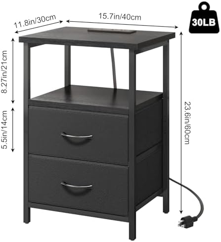 Fixwal Night Stand with Charging Station, 2 Fabric Drawers, Black