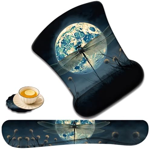 Keyboard Wrist Rest and Mouse Pad Wrist Support with Lace-Shaped Coaster Set, Ergonomic Gel Memory Foam and Anti-Slip Base, Easy Typing and Pain Relief - Dragonfly Moon