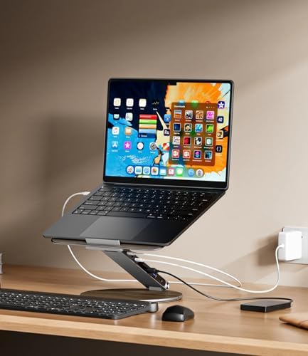 KU XIU Adjustable Laptop Stand with 7-in-1 Hub, Foldable Portable Aluminum Laptop Riser with 360° Swivel Base for Desk, Ergonomic Computer Notebook Stand Holder for All Laptops 10-17"-Gray (Wooden)