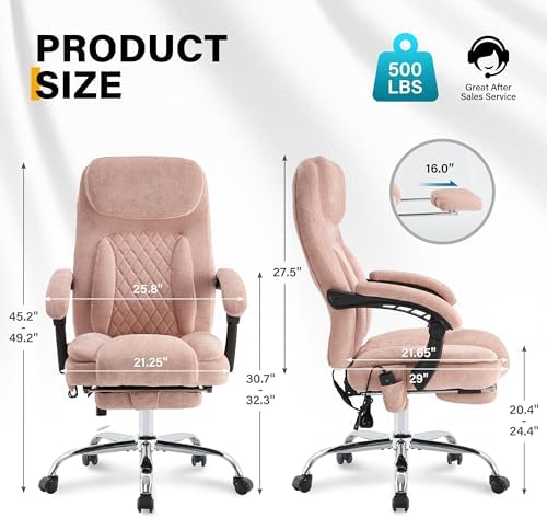 6-Point Massage Office Chair with Heated, Ergonomic Office Chair with Footrest & 45°Reclining High Back, Big and Tall Executive Office Chair 500LBS, Thick Cushion Desk Chair for Home Office, Pink