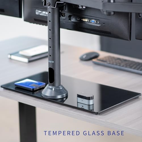 VIVO Black Triple Monitor Mount Freestanding Desk Stand with Glass Base, Heavy Duty Fully Adjustable Stand for 3 Screens up to 24 inches STAND-V003FG