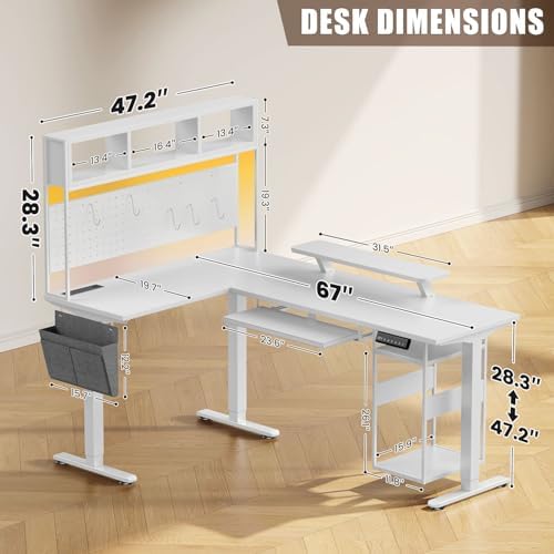 Flycity Electric L Shaped Standing Desk Adjustable Height, 67" x 47" Corner Computer Desk with Host Shelf, Gaming Desk with LED Lights & Power Outlet, Dual Motor Home Office Desk with Storage, White