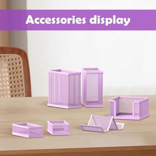 Pen Holder for Desk, 6-Piece Mesh Desk Organizer with Phone Holder, Purple