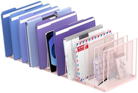 File Organizer for Desk, 11-Section Vertical File Sorter, Paper Holder Organizer Standing Metal File Folder for Office Home Classroom, Pink