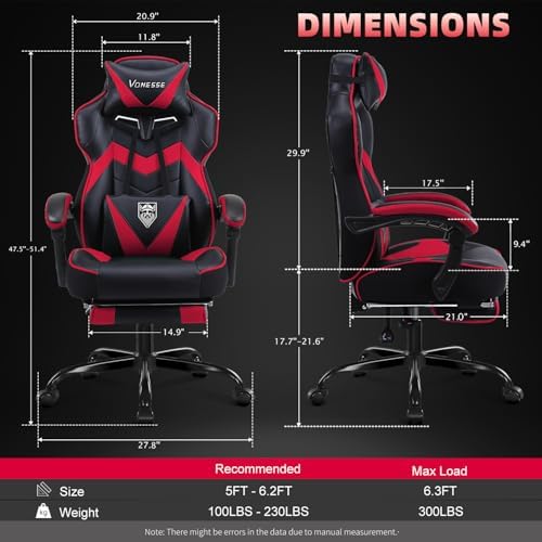 Vonesse Gaming Chair, High Back Gaming Chair with Footrest and Massage, Gaming Chairs for Adults with Pocket Spring Cushion, Big and Tall Reclining Computer Chair with Lumbar Support (Red/Black)