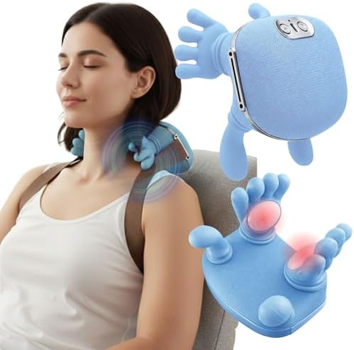 LIVINGPRO Neck & Shoulder Massager with Heat, Deep Tissue Shiatsu with Bionic Palm 4D Kneading, Simulated Human Hand Massage, 3 Adjustable Intensities, Portable Pain Relief for Home & Office