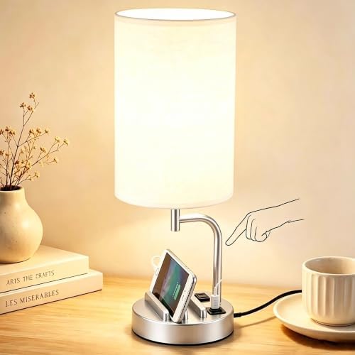 Dreamholder Touch Control USB Table Lamp with USB C/A & AC Outlet, 3-Way Dimmable Bedside Lamp, Modern Nightstand Lamps for Bedroom Living Room Guest Room Office, Bulb Included, Silver
