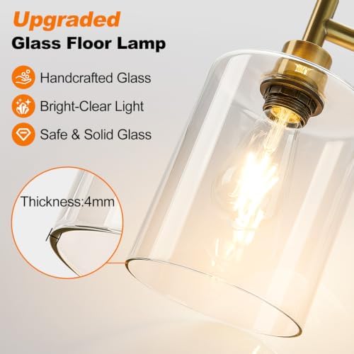 【Upgraded】 Dimmable Floor Lamp for Living Room with Clear Glass Lampshade, Brass Modern Glass Floor Lamp with 900LM LED Bulb Included, Arc Standing Tall Lamp for Bedroom, Office, Reading Room, Corner