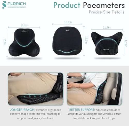 FLORICH Car Seat Cushion and Lumbar Support Pillow for Office Chair Car, Neck Headrest Pillow, Ergonomic Memory Foam, Pressure-Relieving Back Support for Car, Office Chair & Wheelchair – Deep Black