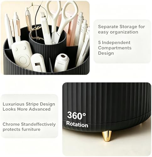 Pencil Pen Holder 5 Slots 360°Degree Rotating Pen Organizers for Desk Desktop Storage Stationery Supplies Cute Pencil Cup Pot Kids Desk Organizer for Office Home School（Black）