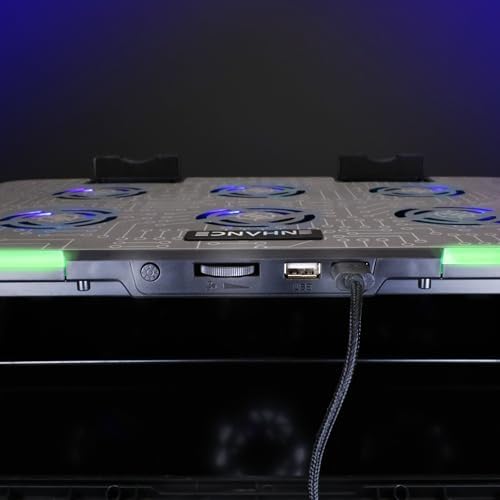 ENHANCE Gaming Voltaic 2 Laptop Cooling Stand - Laptop Cooling Pad with 6 Blue LED Fans, 7 Height Settings, RGB Lighting - Metal Top Cooler Pad with Phone Stand, 2 USB Ports for up to 17 inches