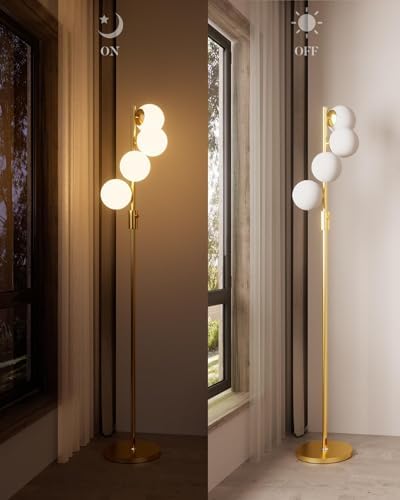 Lightdot 64IN Dimmable Globe Floor Lamp, Gold Standing Lamps with 4PCS 3000K Bulbs Warm White, Mid Century Modern Floor Lamp with 5Lbs Heavy Base for Living Room/Bedroom/Sofa Beside/Corner Decor