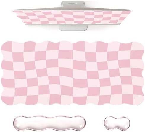 L-SPOUTTO Pink Checkered Mouse Pad Set,Scalloped Pastel XXL Desk Mat Set