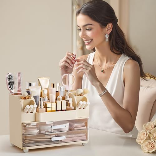 HBlife Makeup Organizer for Vanity with Brush Holder, Large Bathroom Countertop Cosmetic Organizer Skin Care Storage, Easy to Store Lipsticks, Nail Polishes, Perfumes, Eyeshadow Palettes, Beige