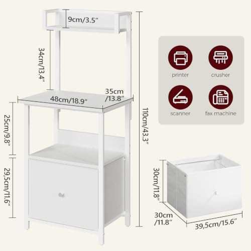 MAHANCRIS Printer Table with Storage, Home Printer Stand with File Cabinet, Fits A4/Letter Size Files, Printer Cabinet with Large Tabletop, Display Shelf, for Home Office, White PTWT3501