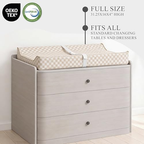 Vegan Leather Contoured Baby Changing Pad | Waterproof & Wipe-Clean PU Leather Diaper Change Mat, Soft, Wipeable Cover, Safety Strap, Non-Slip Bottom, Topper for Standard Infant Diaper Table & Dresser