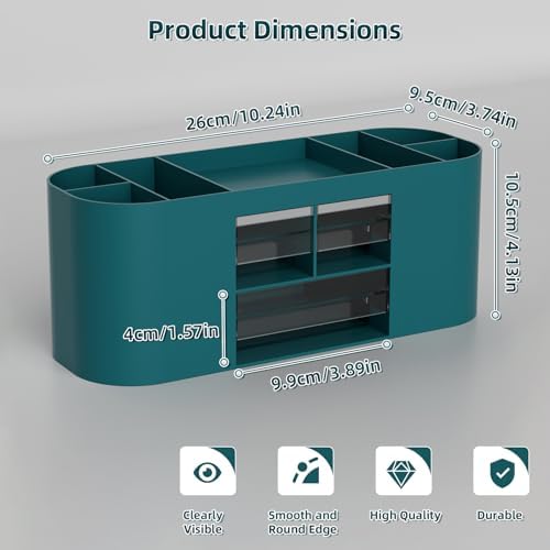 Marbrasse Pen Holder for Desk with 3 Drawers, Multi-Functional Pencil Holder, Desk Organizers and Accessories with 7 Compartments for Home, School, Classroom (Dark Green)