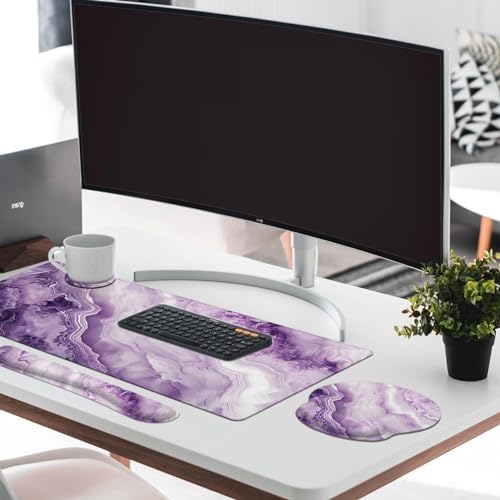 Britimes Keyboard Mouse Pad Set, 4 in 1 Desk Mat Set, Purple Pink Marble