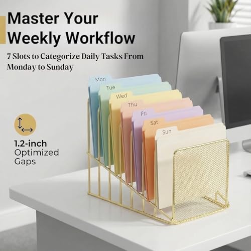 2 pcs Incline File Sorter, 7 Slot Magazine Holder for Letter, Document, Folder and Book, Metal Desktop Organizer Rack for Home, School and Office (2-gold)