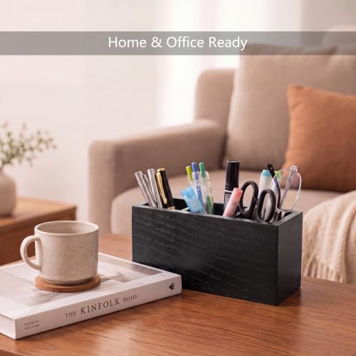 Wood Pen Holder for Desk with 3 Slots (Ash Black)